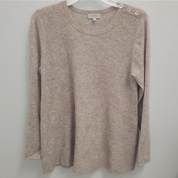Kinross Womens 100% Cashmere Ribbed Button Shoulder Crewneck Sweater Large Tan - Picture 1 of 7